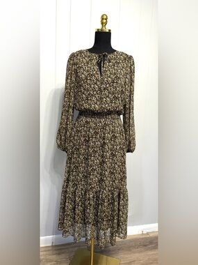 #15)  Banana Republic Black and Gold,brown Floral Long-Sleeve Midi Sheer Dress